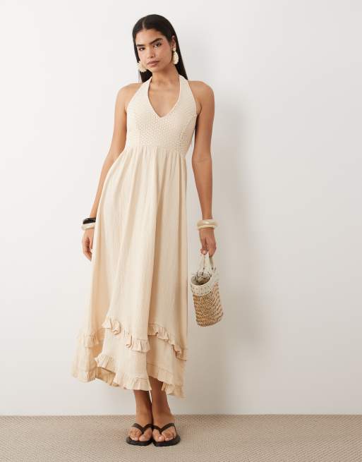 adrienne halter neck midi dress Ivory Smocked Seersucker Halter Midi Dress main image 1