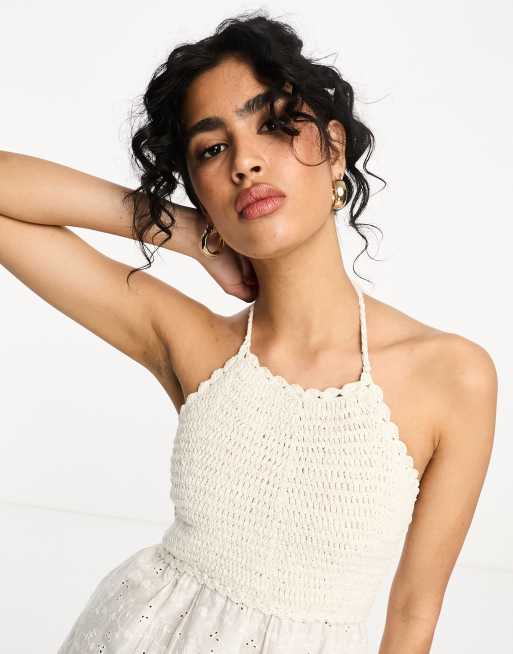 ASOS DESIGN Petite crochet halter top in metallic yarn in silver