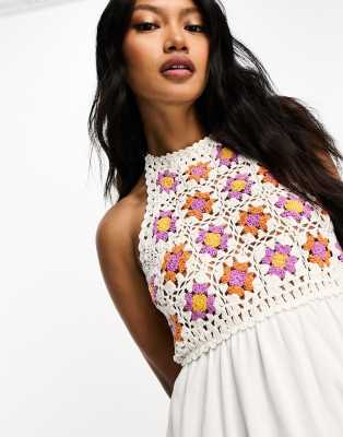 ASOS DESIGN crochet halter mini dress with floral detail