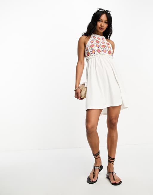 ASOS DESIGN crochet halter mini dress with floral detail