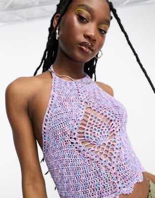 Asos Design Crochet Halter Neck Crop Top In Space Dye Yarn-purple