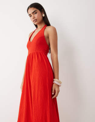 ASOS DESIGN crochet halter neck tiered midi dress in red