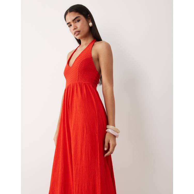 ASOS DESIGN crochet halter neck tiered midi dress in red | ASOS
