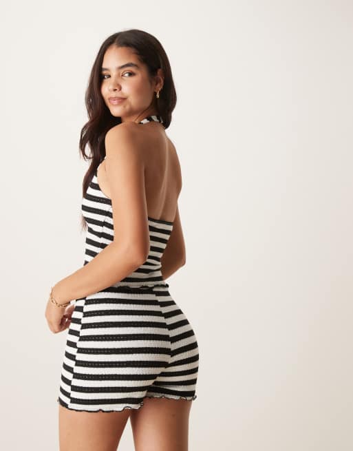 ASOS DESIGN crochet halter neck top in black and white stripe (Part of a set), 4 of 4