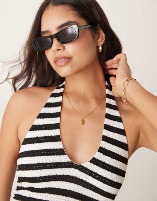 ASOS DESIGN crochet halter neck top in black and white stripes - part of a set, 3 of 4