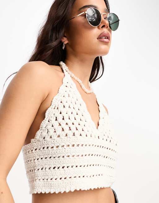 ASOS DESIGN crochet halter top in metallic yarn in gold