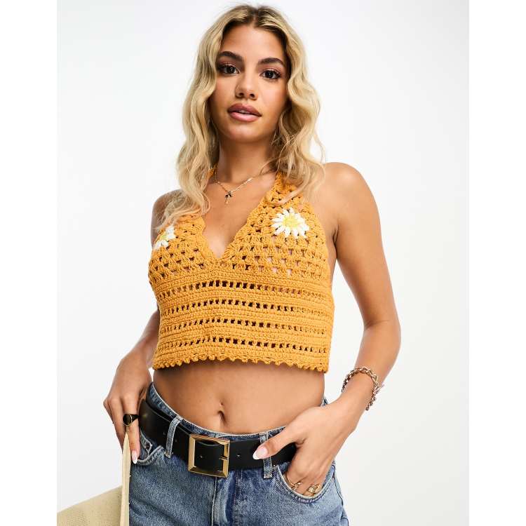 ASOS DESIGN crochet halter neck top with daisy print in orange