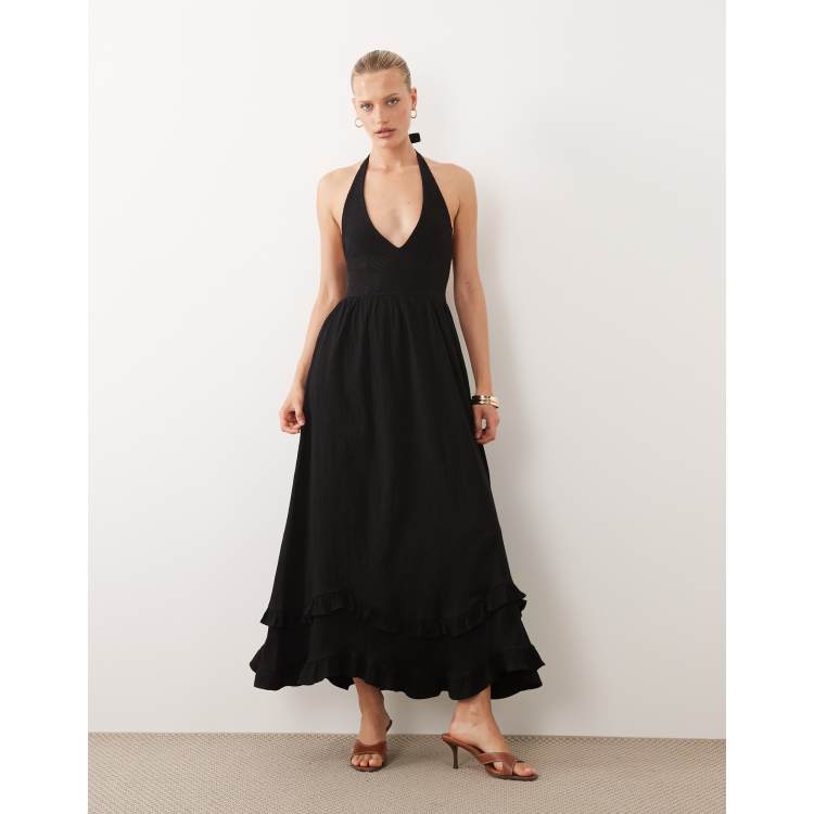 ASOS DESIGN crochet halter tiered midi dress in black | ASOS