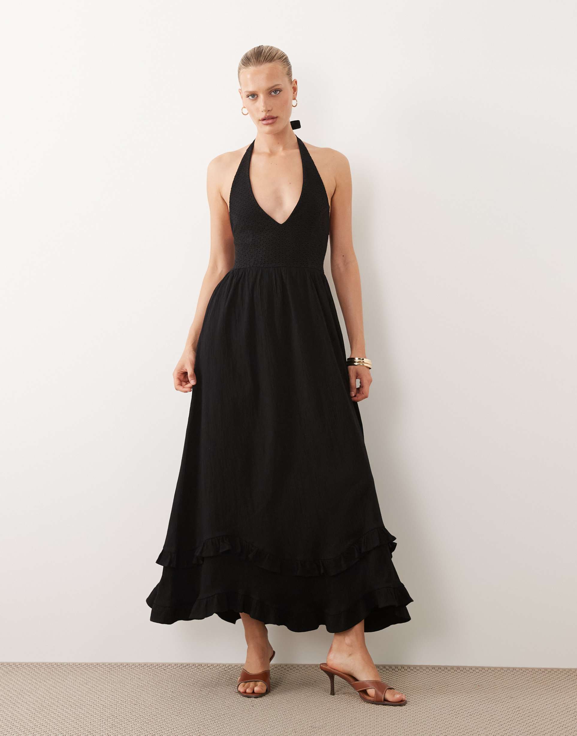 asos design crochet halter tiered midi dress in black