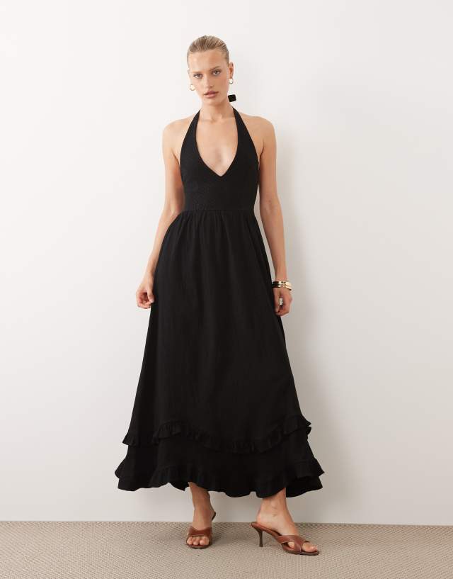halter tiered midi dress ASOS Design crochet in Black Bebe lace