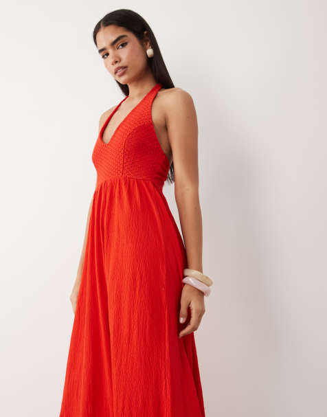 ASOS DESIGN crochet halter tiered midi dress in red - view 1