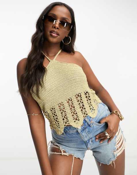 Crochet Knitted Open Back Tie Crop Top