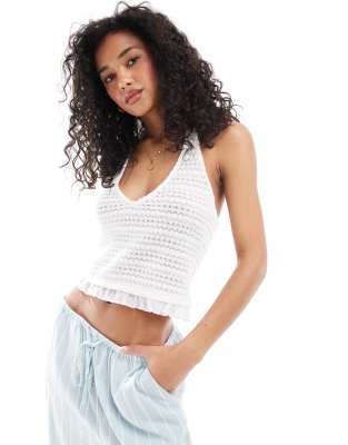 ASOS DESIGN crochet halter top with mesh underlayer in white