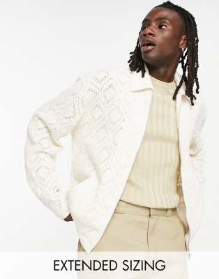 Asos Design Crochet Harrington Jacket In Beige-white In White