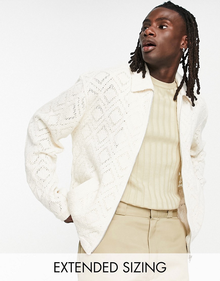 ASOS DESIGN crochet harrington jacket in beige-White