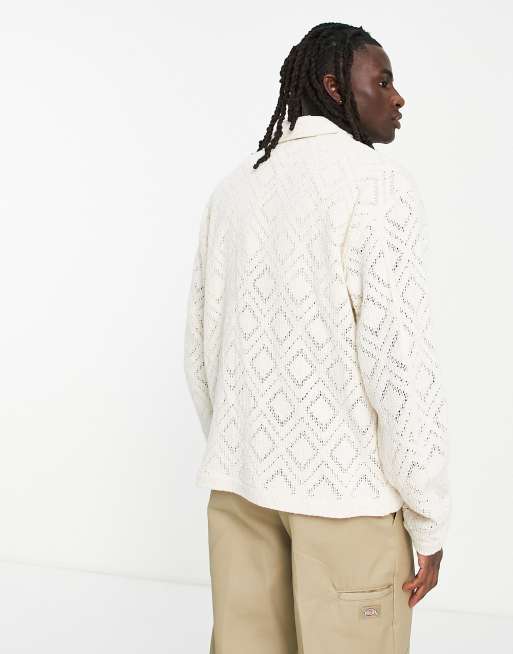 ASOS DESIGN crochet harrington jacket in beige, 2 of 4