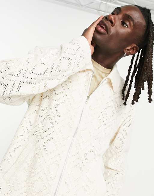 ASOS DESIGN crochet harrington jacket in beige, 3 of 4