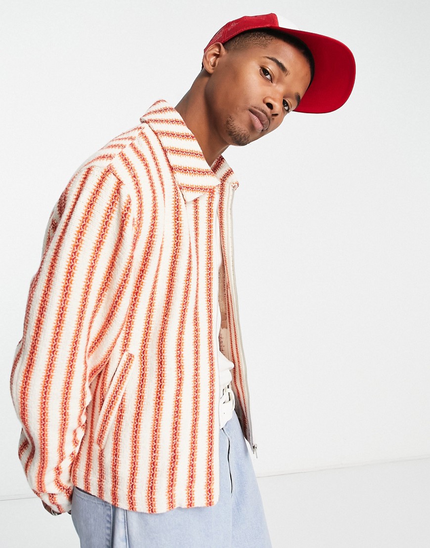 ASOS DESIGN crochet harrington jacket in orange and white stripe