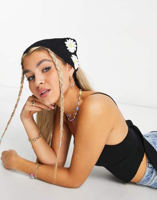 ASOS DESIGN crochet headscarf in mono daisy design