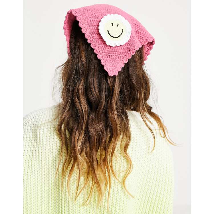 ASOS DESIGN crochet headscarf with happy face in pink | ASOS display picture 2