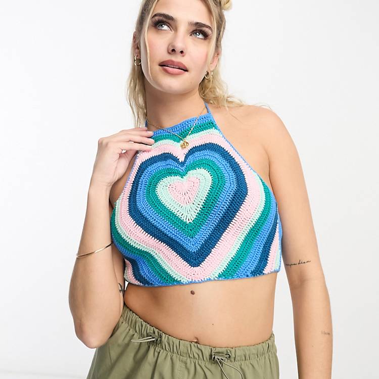 ASOS DESIGN crochet heart crop top in blue