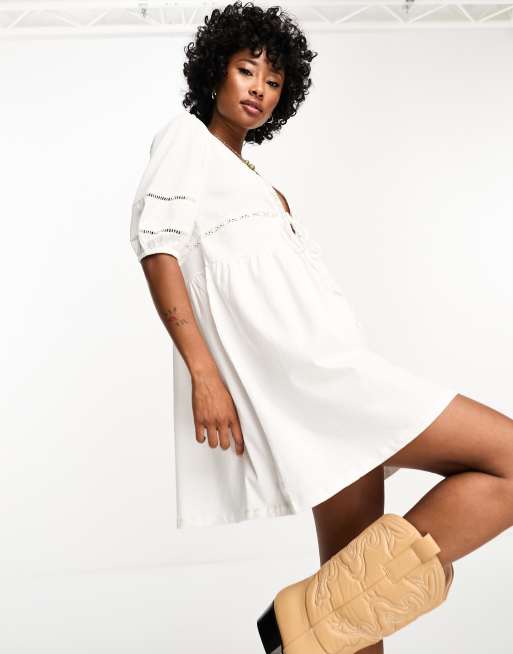 ASOS DESIGN crochet lace cross strap mini dress with flare sleeves in white