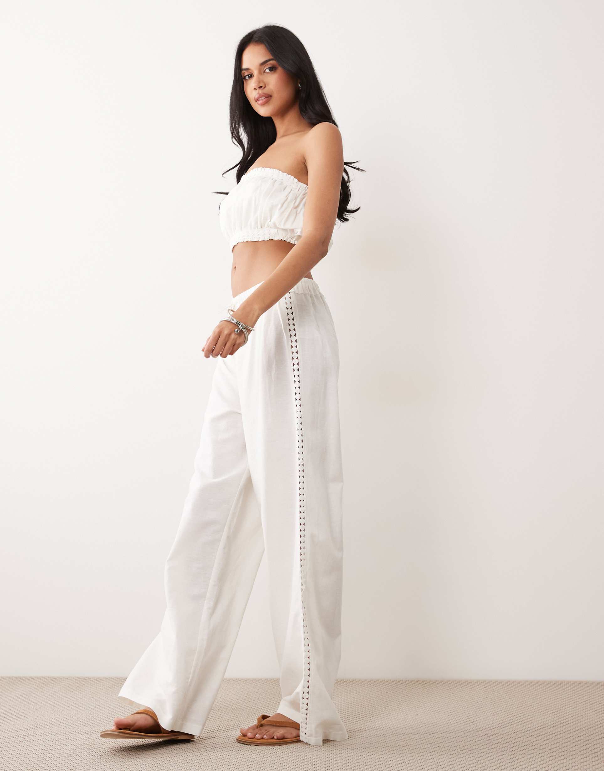 asos design crochet insert wide leg pants with tassel tie in ivory - part of a set