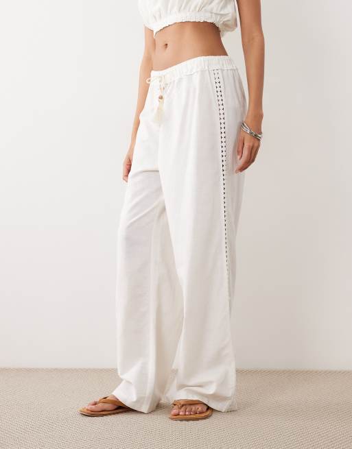 ASOS DESIGN crochet insert wide leg trousers co-ord with tassel tie in ivory, 2 of 5