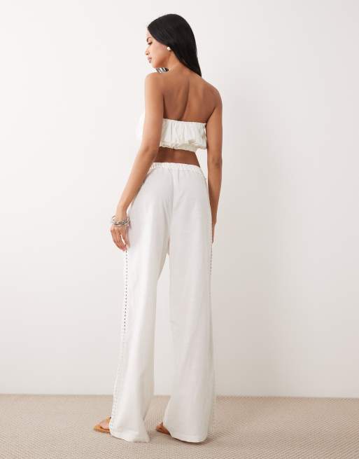 ASOS DESIGN crochet insert wide leg trousers co-ord with tassel tie in ivory, 5 of 5