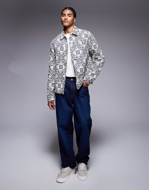 ASOS DESIGN crochet jacquard harrington jacket in stone, 2 of 4