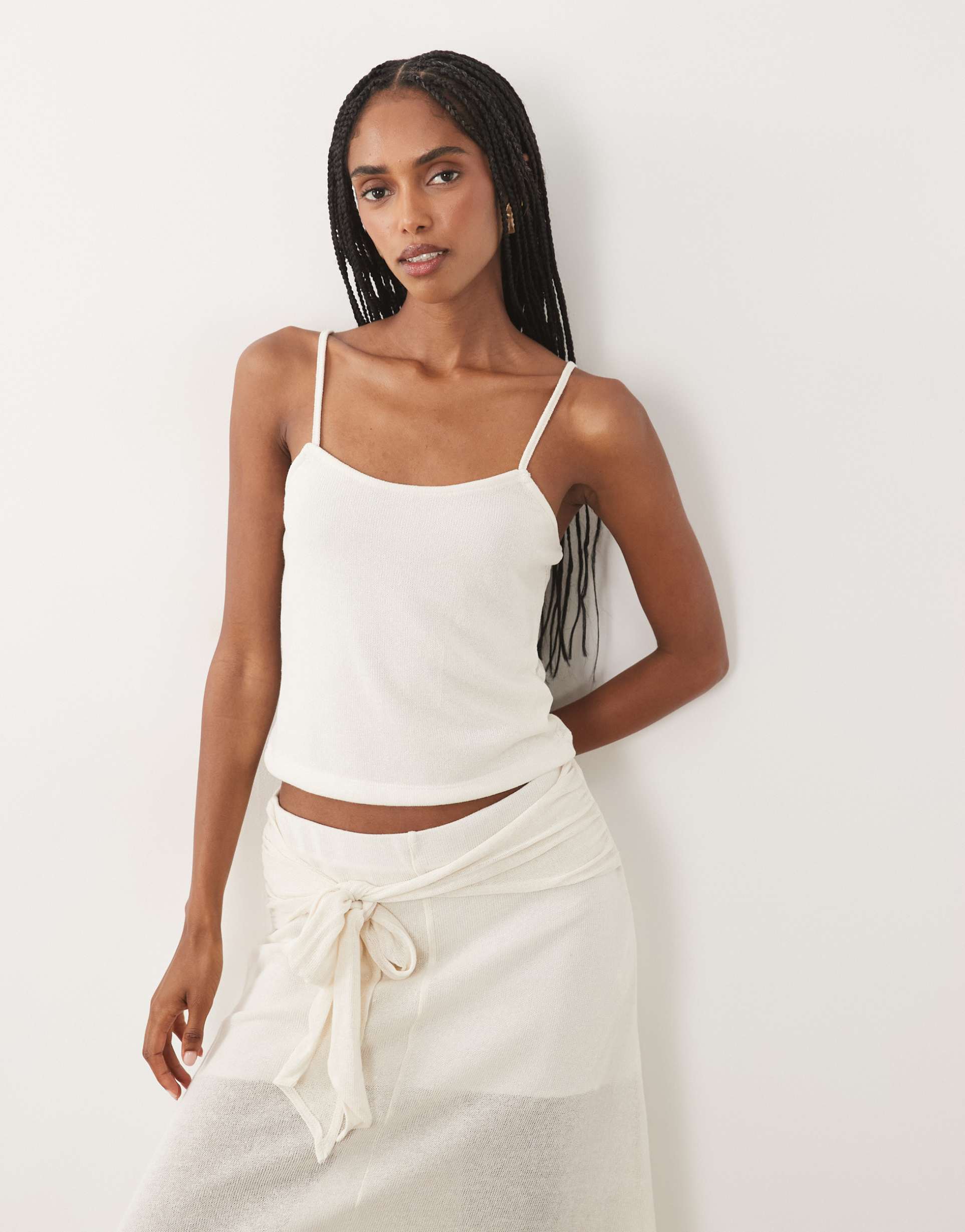 asos design crochet jersey cami top in cream - part of a set