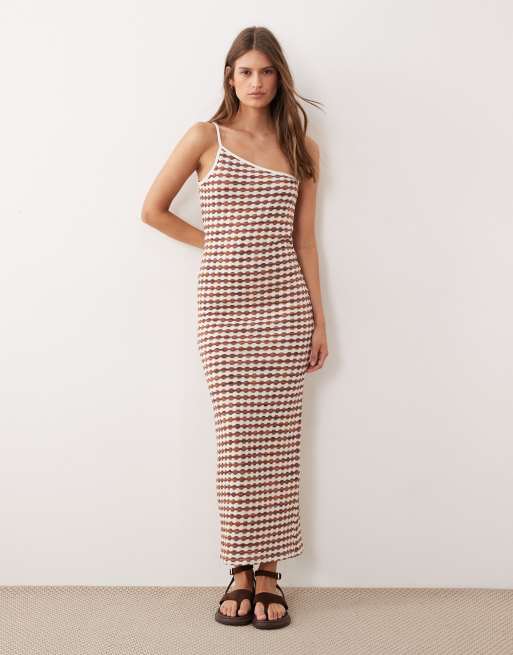 ASOS DESIGN crochet jersey one shoulder maxi dress in brown and white check , 2 of 4