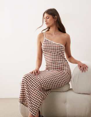 Asos Design Crochet Jersey One Shoulder Maxi Dress In Brown