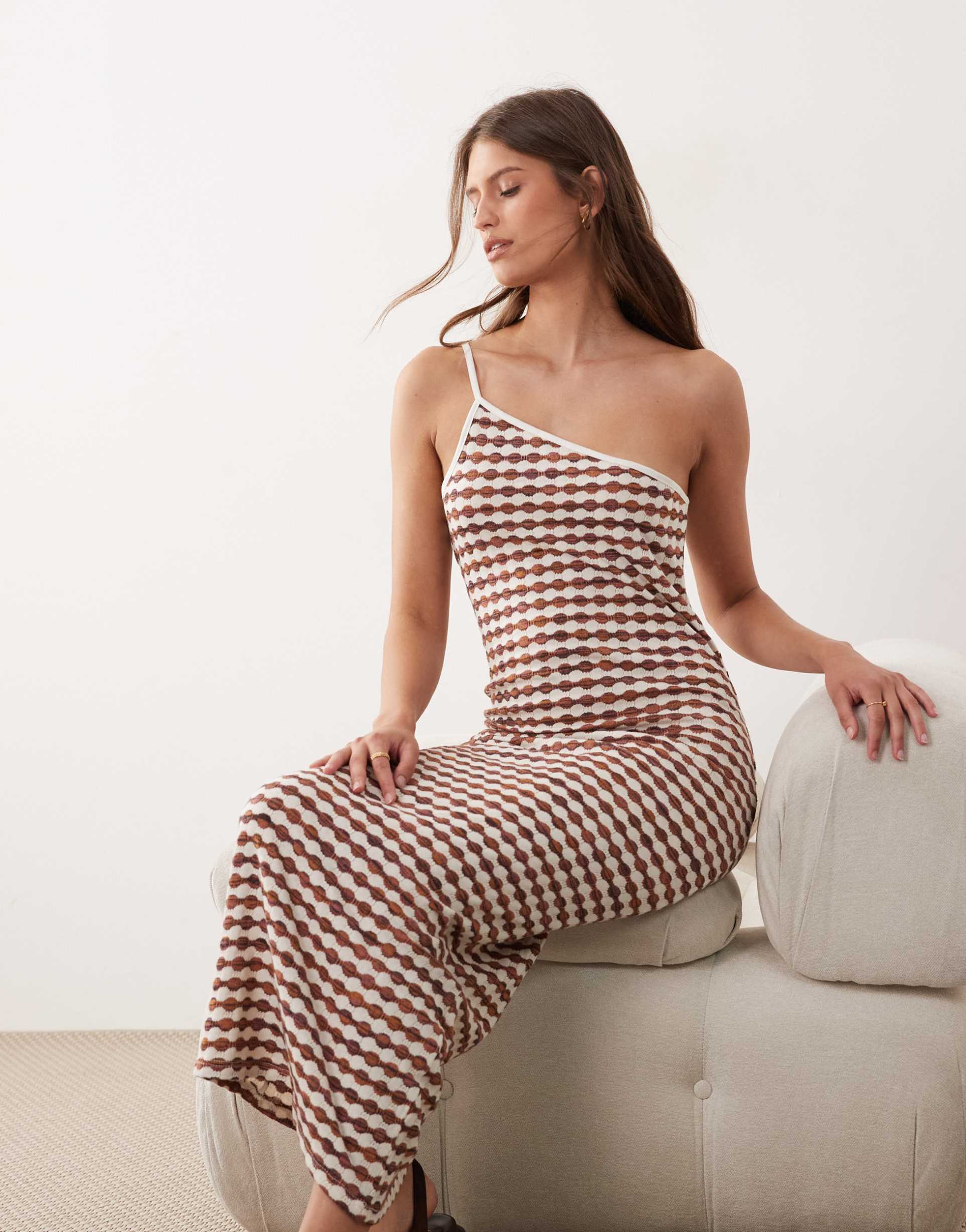asos design crochet jersey one shoulder maxi dress in brown and white plaid