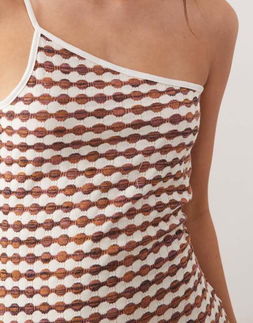 ASOS DESIGN crochet jersey one shoulder maxi dress in brown and white plaid , 3 of 4