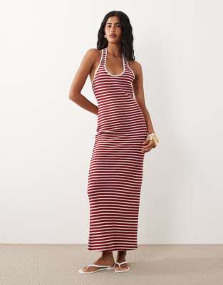 ASOS DESIGN crochet jersey scoop neck halter maxi dress in red stripe