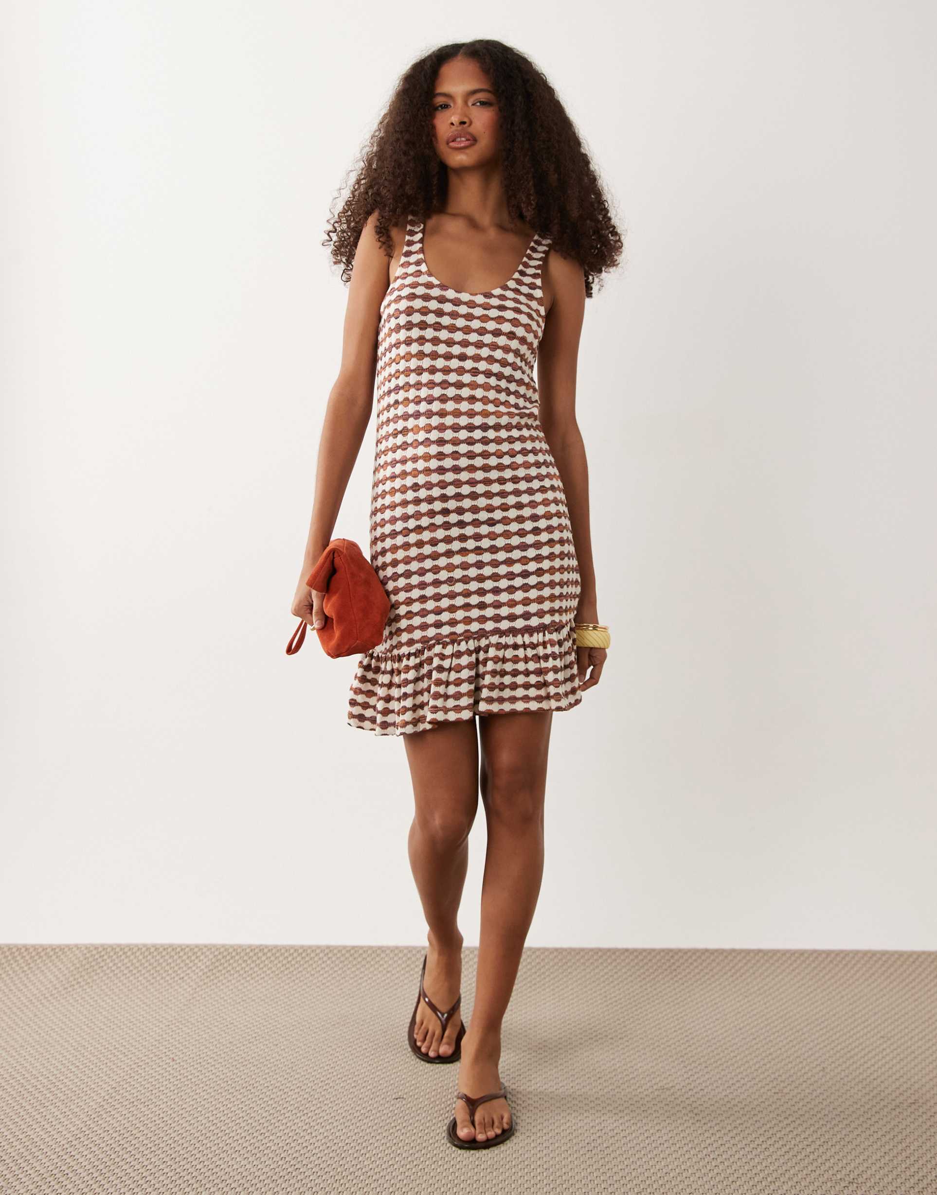asos design crochet jersey scoop neck mini dress with frill detail in brown and cream gingham