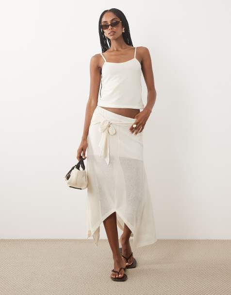 ASOS DESIGN crochet jersey skirt co-ord with tie waist detail in cream - view 1