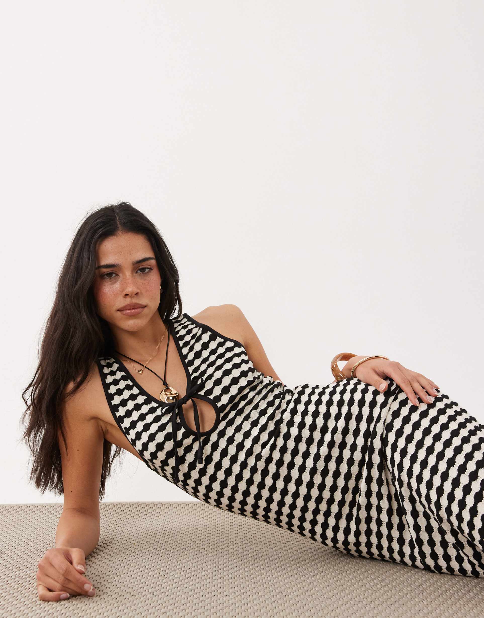 asos design crochet jersey sleeveless midi dress with keyhole detail in mono