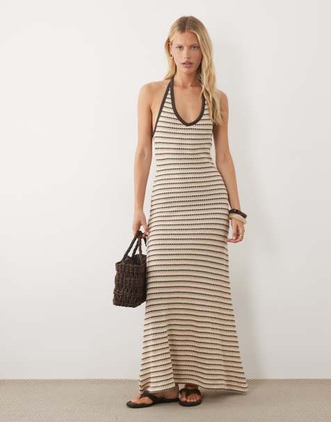 ASOS DESIGN crochet jersey v neck halter neck maxi dress in brown striped print - view 1