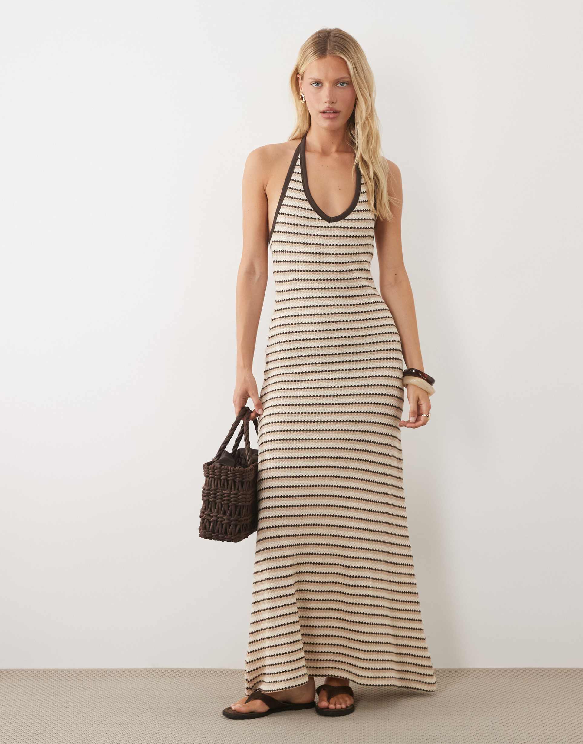 asos design crochet jersey v neck halter neck maxi dress in brown striped print