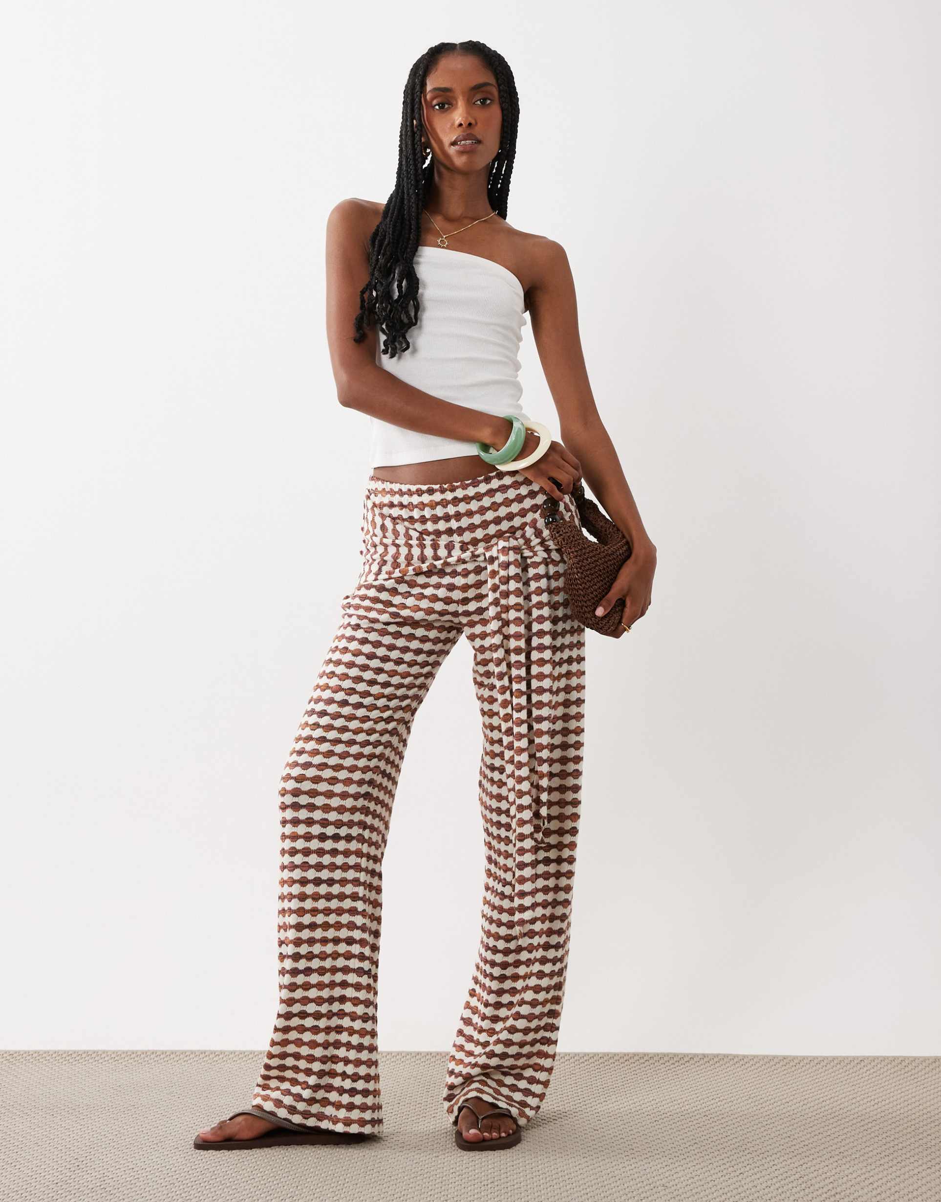 asos design crochet jersey wide leg pants with tie waist detail in chocolate and cream stripes