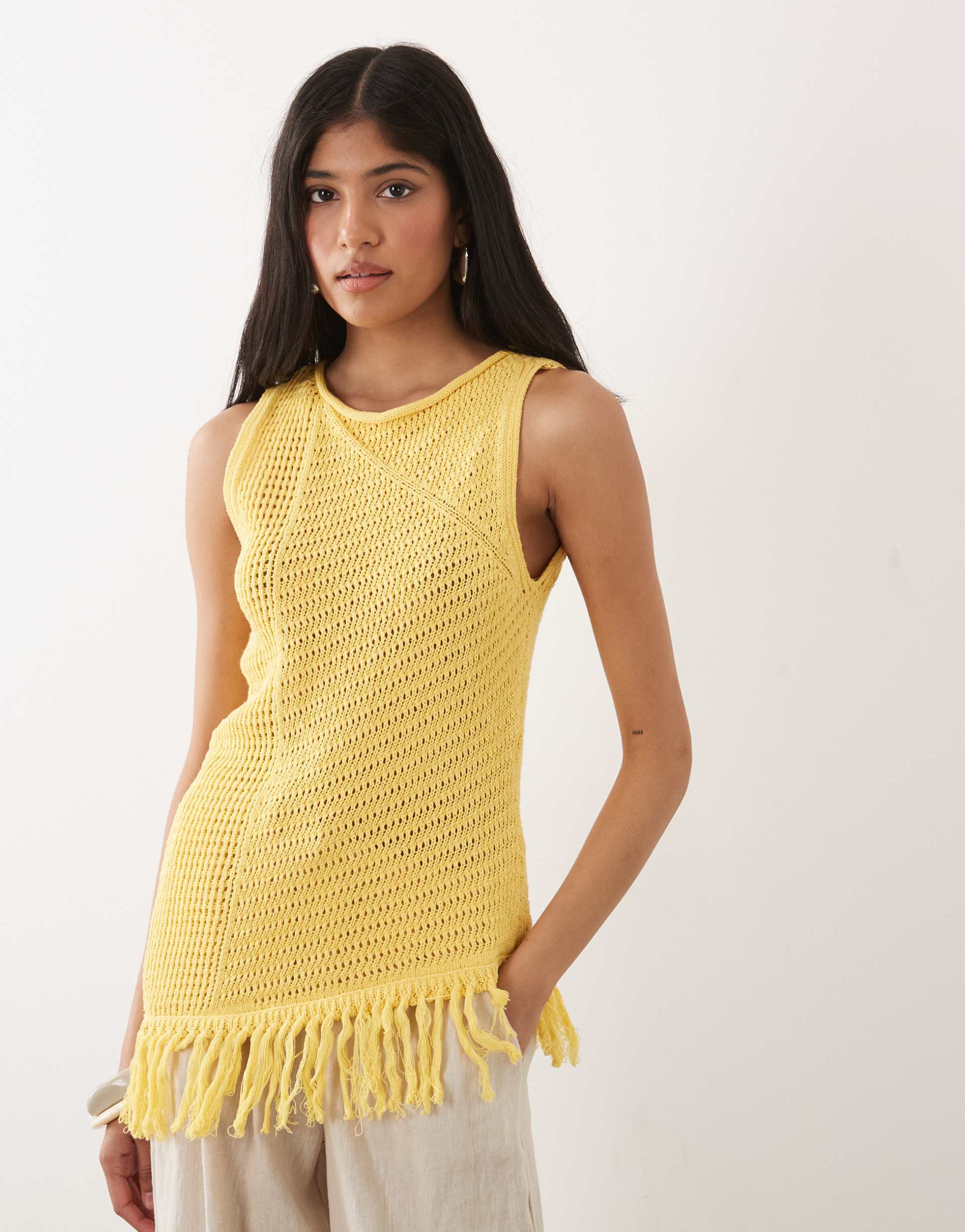 asos design crochet knit asymmetric spliced tank in buttermilk