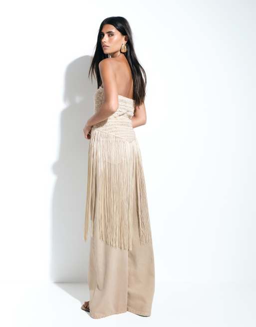 ASOS DESIGN crochet knit bandeau fringe top in cream, 3 of 4