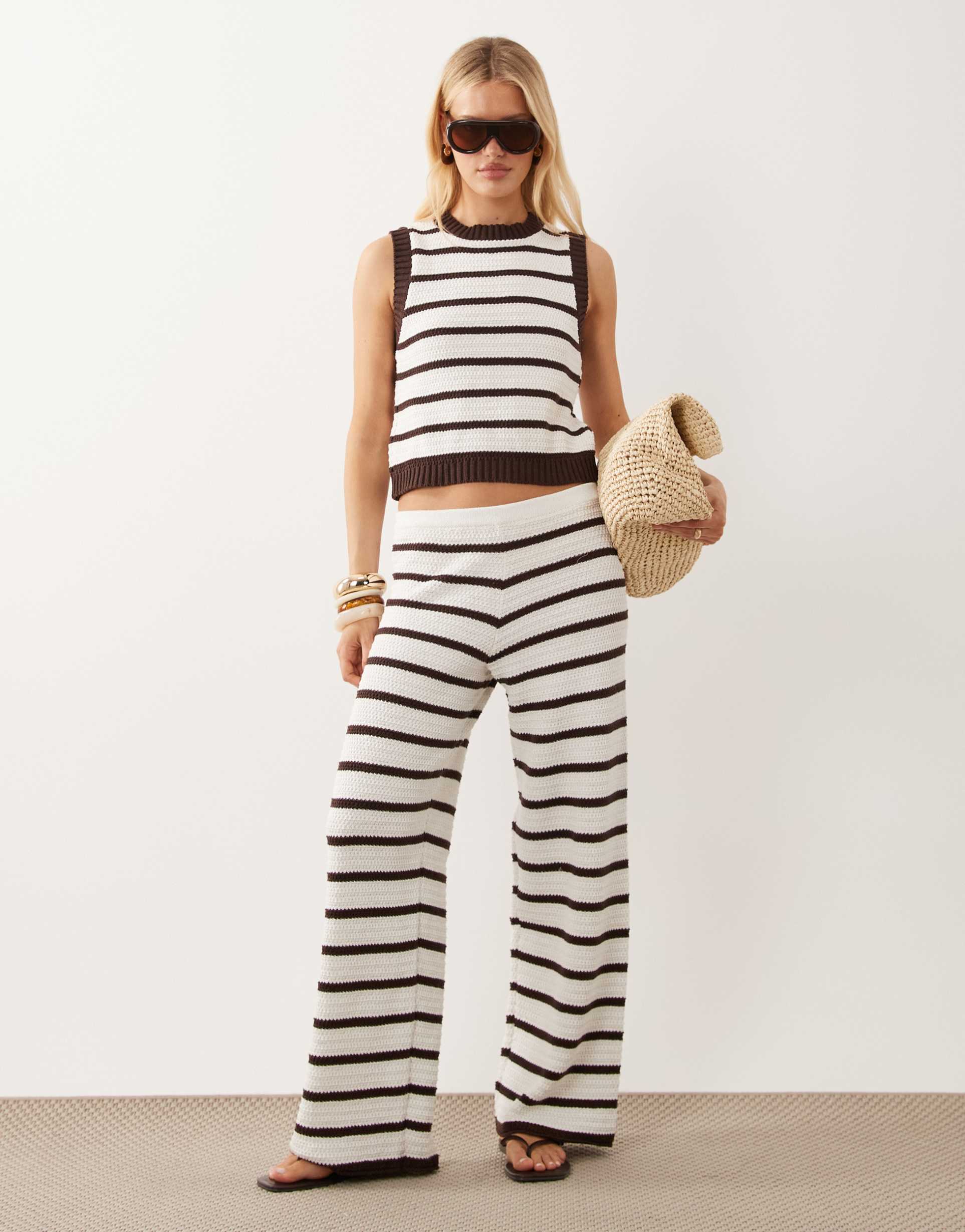 asos design crochet knit beach pants in brown stripes - part of a set