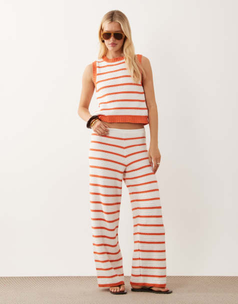 ASOS DESIGN crochet knit beach pants in orange stripe (part of a set) - view 1