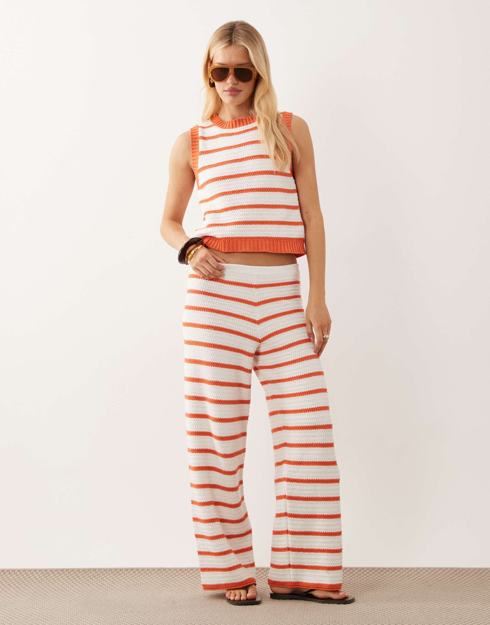 asos design crochet knit beach pants in orange stripes - part of a set