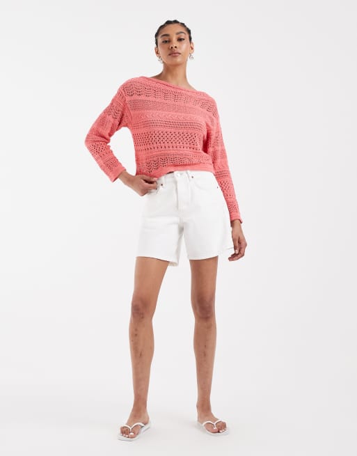 ASOS DESIGN crochet knit boat neck jumper in coral, 2 of 4