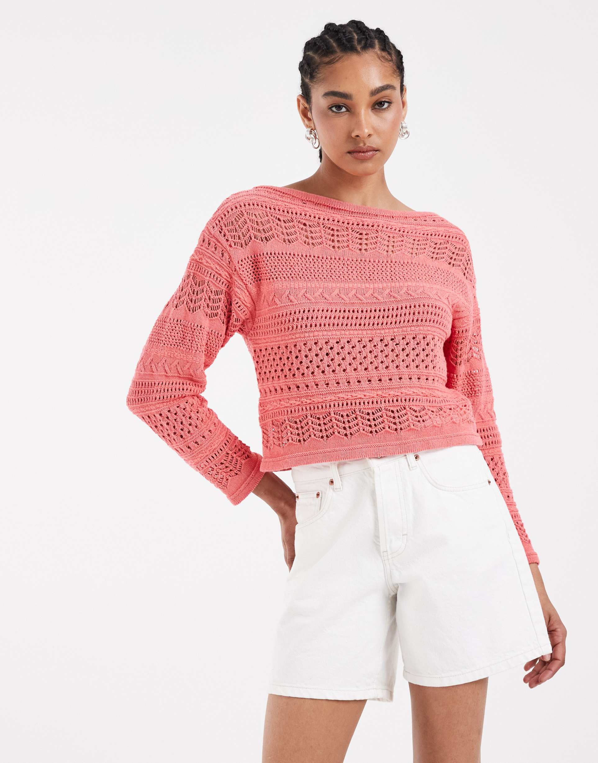 asos design crochet knit boat neck sweater in coral