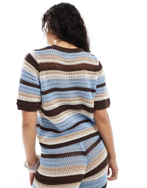 ASOS DESIGN crochet knit boxy t-shirt co-ord in blue and brown stripe, 2 of 4
